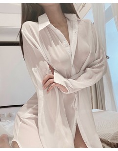 性感纯欲透视白衬衫睡衣女透明宽松中长款寸情调雪纺衬衣裙薄