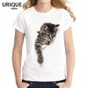 3d立体逼真萌猫咪图案莫代尔t恤女短袖可爱动物，印花情侣亲子装t恤