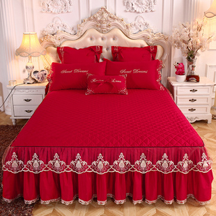 婚庆大红色夹棉床裙式床罩单件公主风蕾丝，刺绣花边加厚保护套防滑