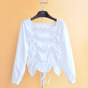女士衬衫纯棉抽绳时尚设计感小众2022春装上衣，休闲白色衬衣短外套