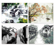 数字油画手绘江南山水成人，diy减压风景，中国风国画古镇油彩涂色画