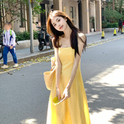 多巴胺黄色连衣裙吊带连衣裙，女2024夏季修身气质，度假风小个子长裙