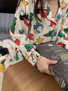 韩国圣诞米奇儿童睡衣春秋，款男女童纯棉，长袖ins亲子装家居服套装