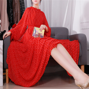 秋季雪纺连衣裙日常波点长袖大码显瘦胖mm复古风法式红裙赫本