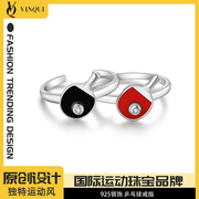 vinqui乒乓球戒指开口925银，个性时尚运动风戒环原创小众设计指环