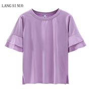宽松圆领喇叭袖紫色t恤夏季衣摆开叉纯棉，简约荷叶边短袖打底衫
