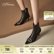 73hours女鞋定义摩登冬季尖头金属饰扣高跟短靴女黑色时装靴