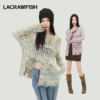 lacrawfish2024韩系慵懒薄款侧开叉，破洞长袖镂空毛衣针织衫