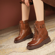 棕色复古马丁靴女英伦风，秋冬厚底内增高女鞋10cm坡跟真皮显瘦短靴
