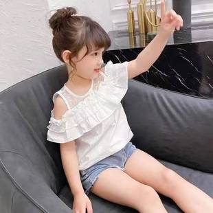 巴拉巴柆女童短袖韩系T恤纯棉夏装洋气中童装女大童露肩花边
