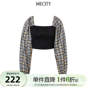 mecity女士春季格纹衬衣，时尚方领修身黑色衬衫女