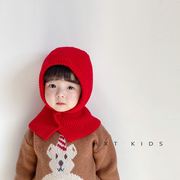 儿童帽子围巾一体帽秋冬韩版百搭针织护耳，帽红色洋气宝宝披肩帽潮