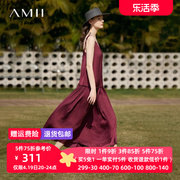 Amii2024夏度假风可调肩带V领露背仿醋酸长款吊带连衣裙女