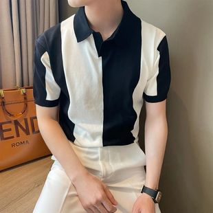 韩版2024夏季黑白拼色短袖，男polo衫，宽松轻熟撞色翻领潮流透气
