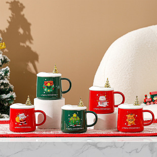 圣诞杯子带盖马克杯圣诞节陶瓷杯，礼物学生水杯咖啡，杯杯含勺子