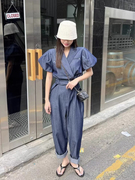 韩国chic夏季复古气质西装领系扣收腰显瘦双口袋牛仔连体裤长裤女