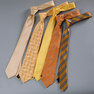 黄色系(黄色系)时尚商务，西装男士手打领带金色工作，学生职业韩版女潮流条纹