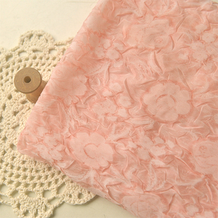 珊瑚粉海蓝花朵立体压皱浮雕雪纺布料 罩衫衬衫连衣裙衣服装面料