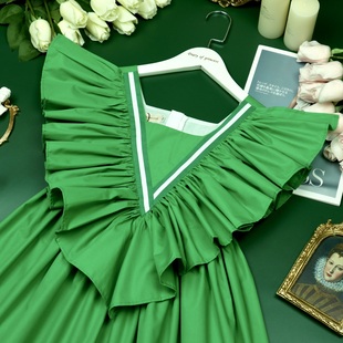 童装女童夏装夏天连衣裙超大荷叶，边背心裙纯棉，公主欧美风绿色
