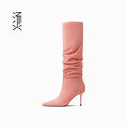 烫粉红色绒面褶皱细高跟秋冬及膝堆堆靴时尚气质性感女长筒靴