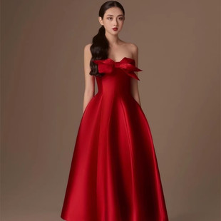 高定轻奢女装红色小众设计长裙，新娘回门服敬酒服法式简约礼服