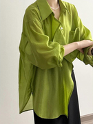 绿色冰丝防晒衬衫女2024夏季木耳边衬衣宽松法式中长款防晒衣