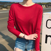 2024韩国东大门秋 轻薄舒适糖果红长袖T恤宽松显瘦打底衫女装