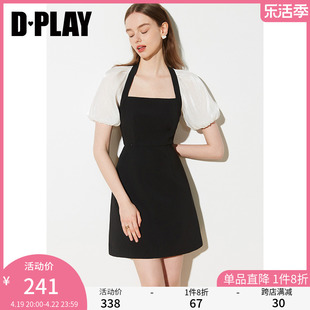 dplay夏法式(夏法式)复古黑白撞色拼接后背镂空短款连衣裙