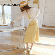 Magyann设计师原创高腰V领淡黄色吊带拼接分割鱼尾连衣裙中长款女