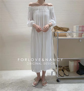 素白定制一字领度假裙韩版白色大摆中长款宽松飘逸连衣裙夏季