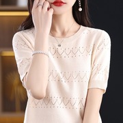 23纯棉夏季设计感镂空气质圆领套头毛衣，女士针织纯色短袖上衣