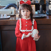 童装女宝宝红色毛线公主，裙秋冬儿童，针织连衣裙女童圣诞新年百褶裙