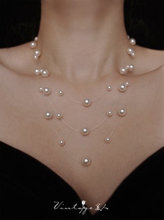 「满天星」施华洛珍珠法式复古高级感悬浮鱼线多层项链锁骨链女