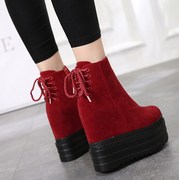 松糕厚底短靴时尚磨砂绒皮女靴14cm内增高防水台坡跟红色女靴