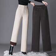 2023冬季女裤加厚加绒窄版直筒阔腿裤女士羊毛呢英伦风休闲裤