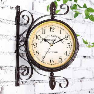 欧式铁艺双面挂钟创意，美式田园挂表现代简约客厅个性钟表装饰时钟