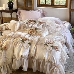 法式浪漫天丝棉四件套琉璃，纱公主风凉感裸睡，复古油画被套床单床品