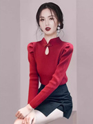 新中式国风复古盘扣立领针织打底衫女春装泡泡袖显瘦内搭红色上衣