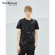 FN自然感觉男短袖T恤衫黑色立体印花线条薄透气圆领休闲针织47133