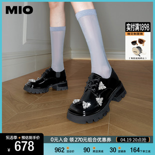 MIO米奥2024年春季圆头中跟时尚牛津鞋梦幻钻饰显高厚底松糕鞋女