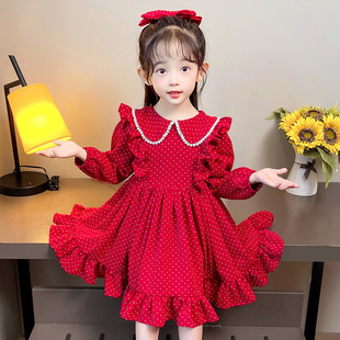 女童公主裙春秋款长袖娃娃，领波点甜美可爱日常圆点红色b类连衣裙