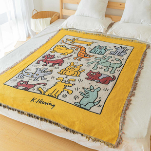 黄色涂鸦卡通单人防尘多功能沙发毯四季通用装饰挂毯空调毯休闲毯