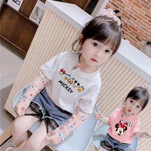 儿童韩系童装夏季洋气冰丝长袖t恤女童假两件卡通老鼠防晒衣服潮
