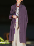 棉麻女装中式国风盘扣风衣复古中长款紫色百搭休闲外套