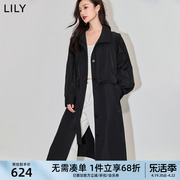 lily2024春女装复古气质，通勤款时尚腰带，黑色垂感长款风衣外套