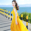 2024夏季女装海边度假沙滩裙，黄色复古雪纺，连衣裙波西米亚长裙