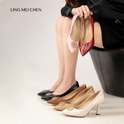 lingmeichen高光鞋牡丹扣不累脚，高跟鞋浅口单鞋，女尖头细跟真牛皮