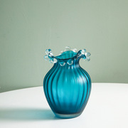 时尚新古典(新古典)新中式水，花花蓝色金片玻璃，口瓶花器桌面摆件家居摆件