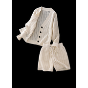 爱琴海女装upinlook高端羊绒套装时髦镂空白，针织开衫短裤89753
