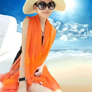 韩版丝巾女夏季纯色纱巾防嗮围巾，雪纺两用超长大披肩沙滩巾薄装饰